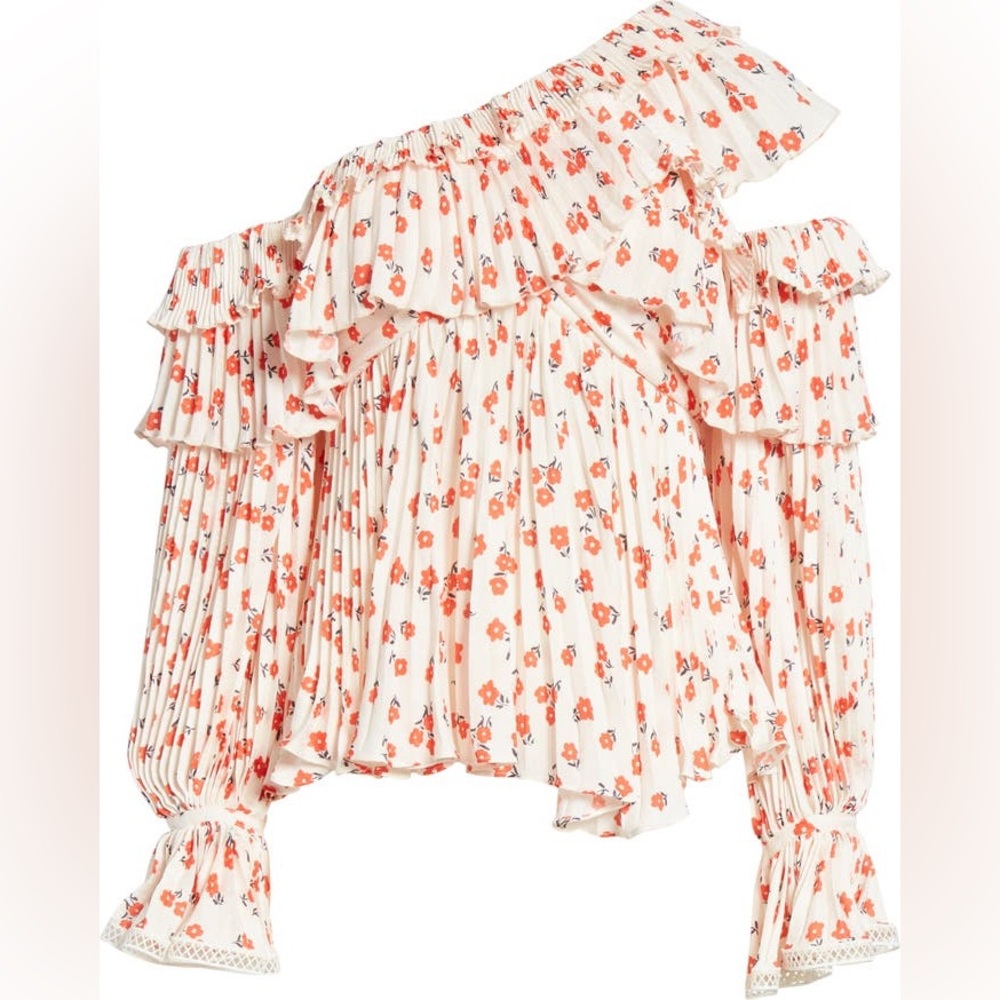 Women's One-Shoulder Ruffled Floral Top - White with Coral Floral